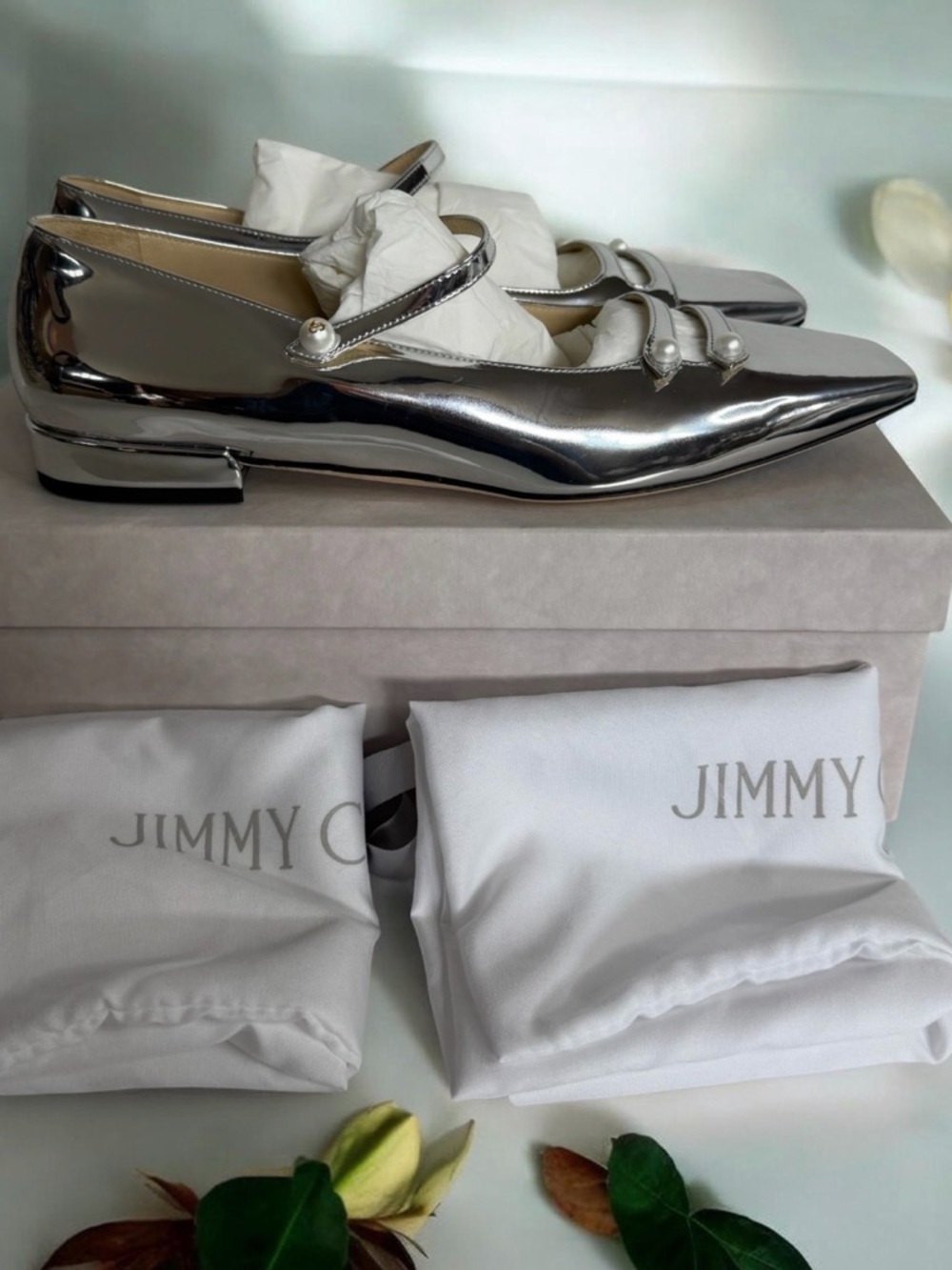 NIB shoes Jimmy Choo Anya Metallic Silver Pointed Pearl-Strap Flats
